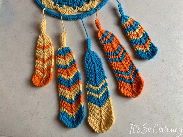 Attach Crochet Feathers To Crochet Dream Catcher Mandala