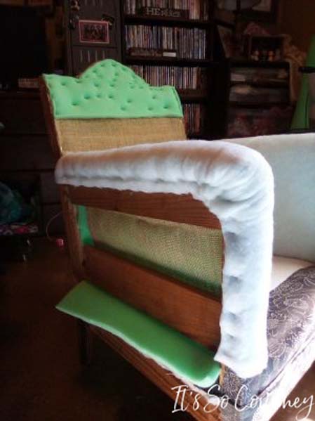 Both Arms Covered In Foam and Batting for Reupholstered Chair