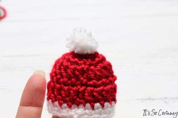 Sew Pom Pom Onto Crochet Mini Beanie Ornament
