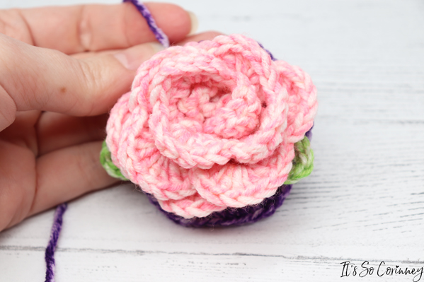 Sew The Second Leaf To The Crochet Potted Rose Soil